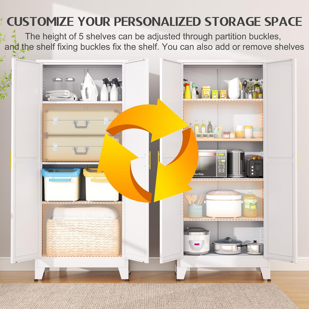 75.2" Tall Pantry Cabinet, Kitchen Pantry Storage Cabinets with 2 Door and 5 Adjustable Shelves, White Metal Pantry Storage Cabinet, Cupboard for Kitchen, Dining Room, Living Room and Bathroom