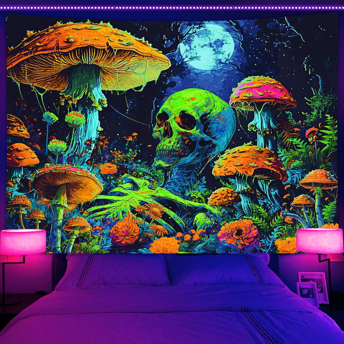 Xiaoput Blacklight Skull Wall Art, UV Reactive Neon Gothic Tapestry for Men, Glow in Dark Trippy Forest Wall Hanging for Home Decor, 90x70IN