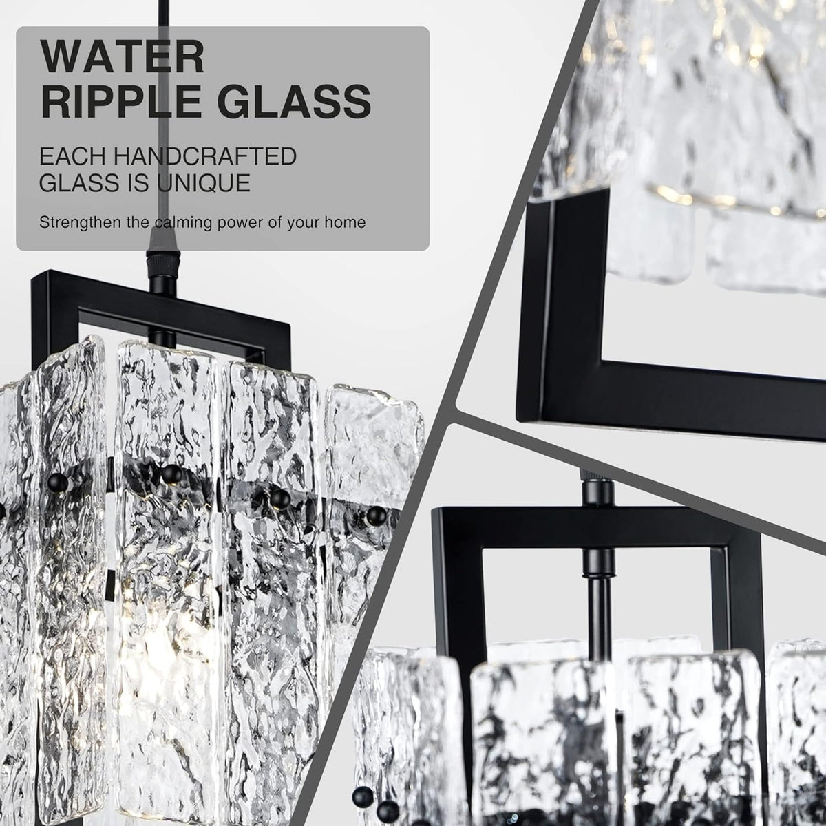 IKK Black Crystal Pendant Light for Kitchen Island, Luxury Water Ripple Glass Chandelier Lights Fixture, Modern Elegant Adjustable Pendant Lighting for Dining Room Bedroom, E12 Bulb, L6.5'' x H11.8''