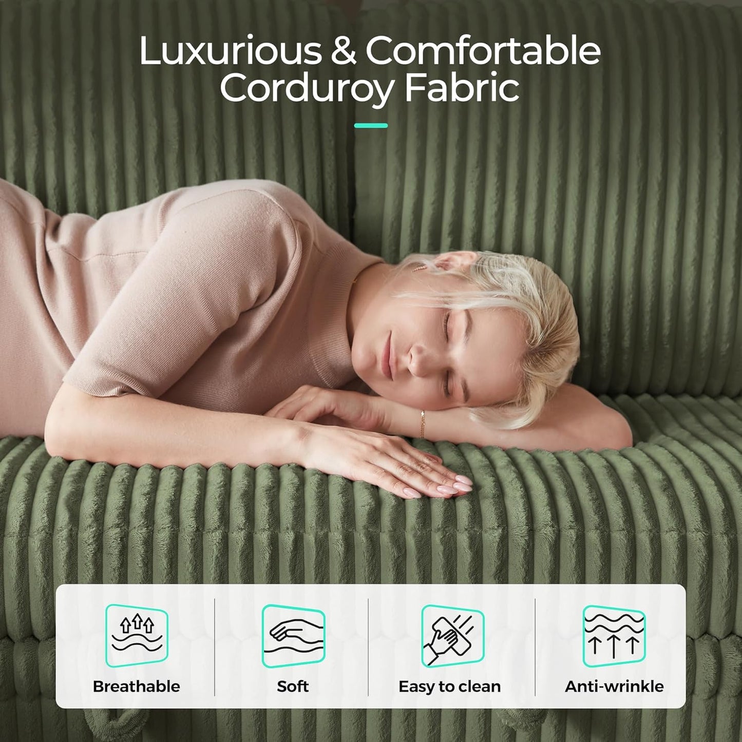LINSY HOME Sectional Sleeper Sofa with Pull Out Couch Bed - Convertible Plush Corduroy Cloud Couch with Storage Chaise & USB Charging, Comfy Modular Couches for Living Room, Green