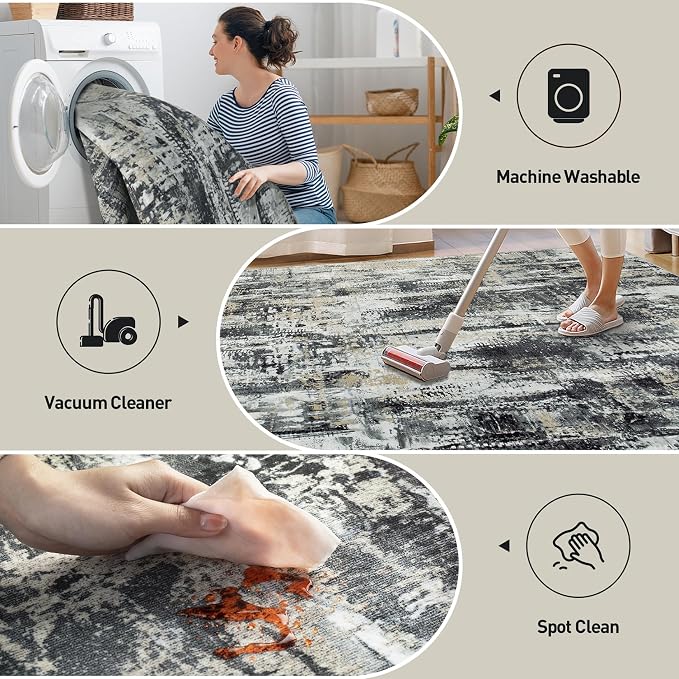 8x10 Area Rugs for Living Room: Washable Abstract Black Grey Gold Carpet | - Image 3