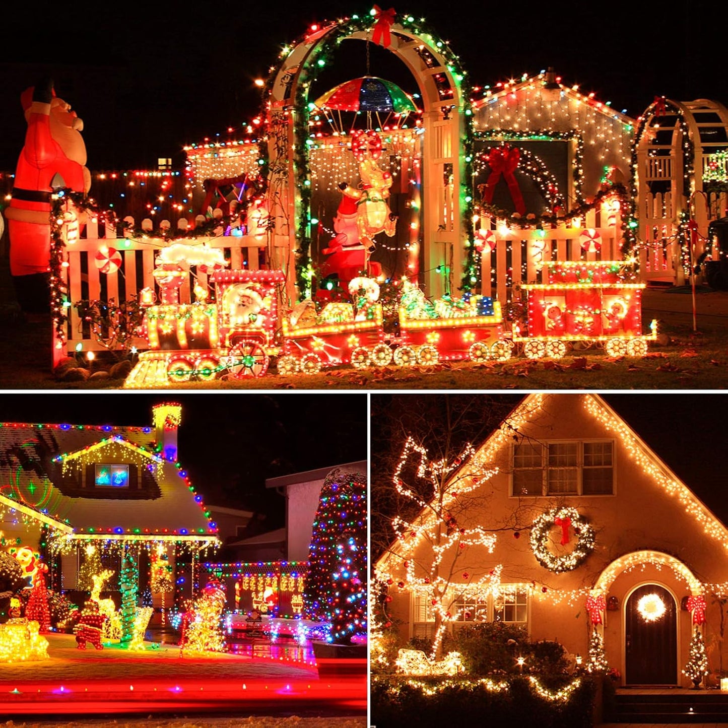 XTF2015 Christmas Outdoor Indoor Lights, 105ft 300 LED End to End Connected 9 Modes Timer Remote Christmas String Lights for Trees, Patio, Garden, Party, Wedding, Holiday (Warm White + Multicolor)