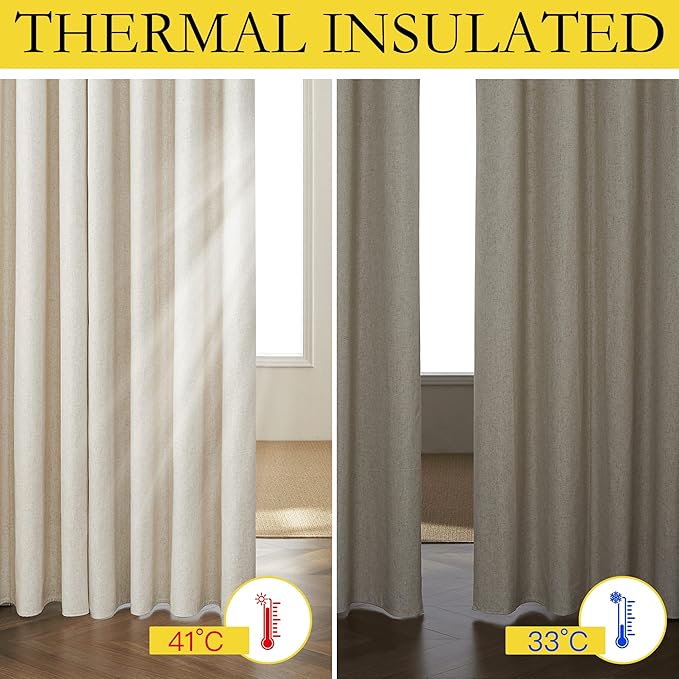 NICETOWN Natural Full Blackout Boho-Chic Linen Curtains 80 inch Long 2 Panels - Image 5