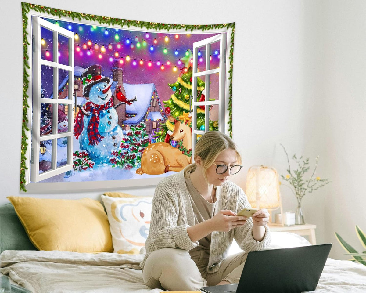 QGHOT Christmas Window Tapestry Wall Hanging, Christmas Backdrop Winter Window Wall Decor Xmas Snowman Deer Tapestries for Bedroom Living Room Dorm Holiday Party Decoration