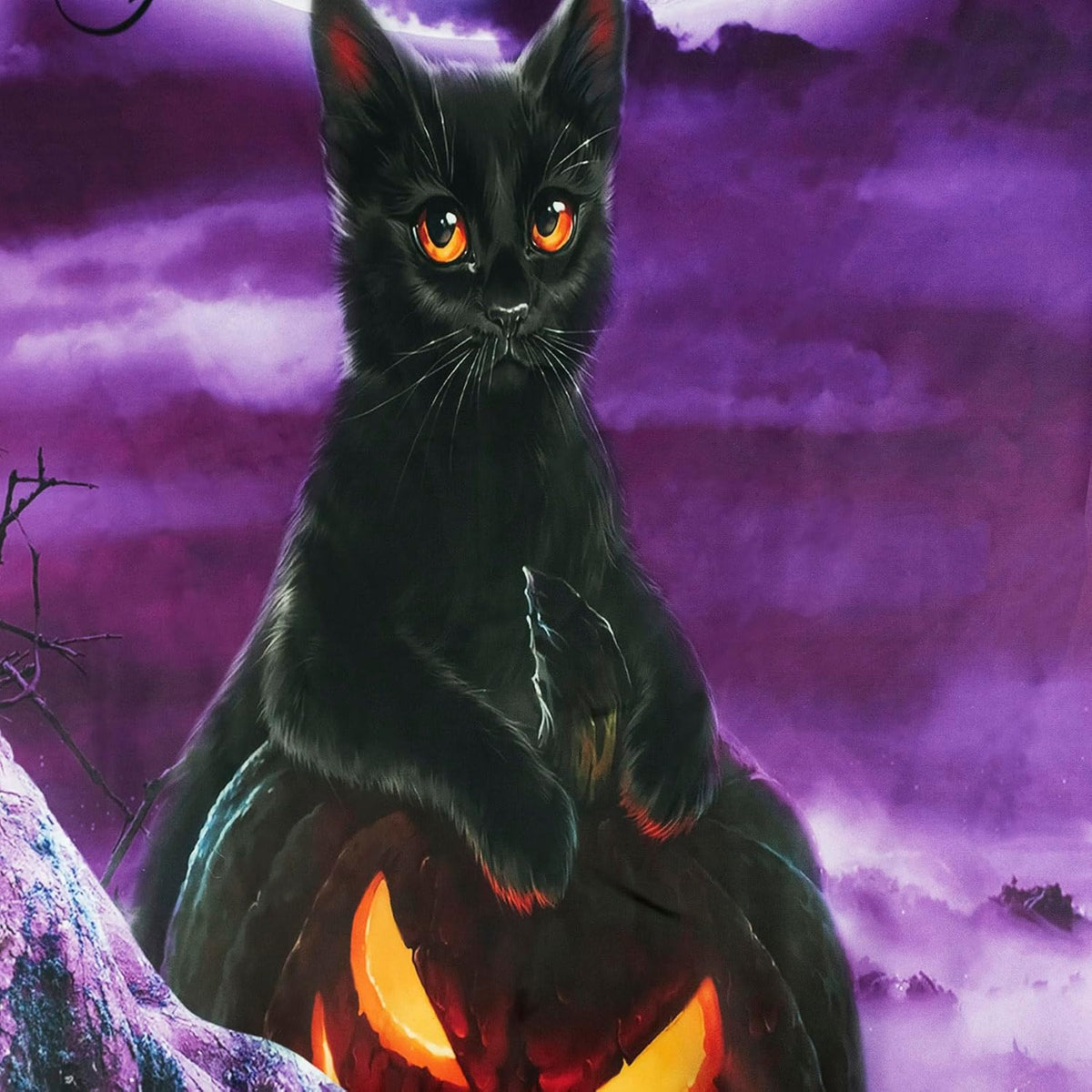 LB Halloween Wall Art: Horror Witch Cat & Dead Tree Pumpkin Lights with Spooky Graveyard Purple Full Moon Wall Tapestry for Bedroom & Living Room, 59x51 Inches