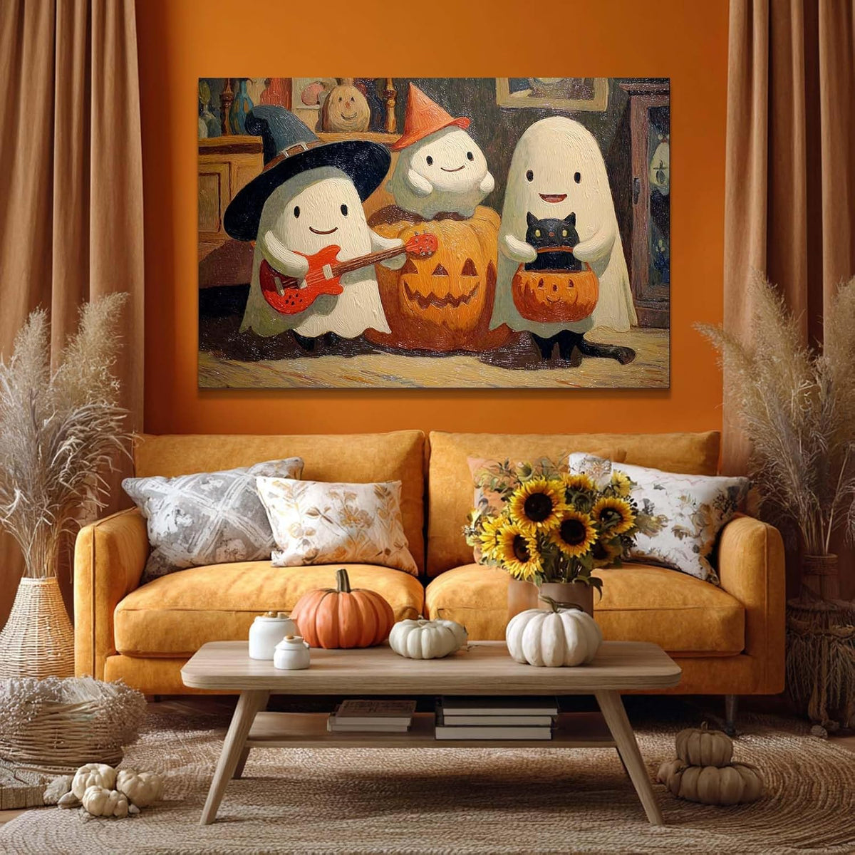 Laoife Vintage Halloween Canvas Wall Art, Autumn Pumpkin Cute Ghost Canvas Prints, Halloween Party House Decoration (Ghost 4)