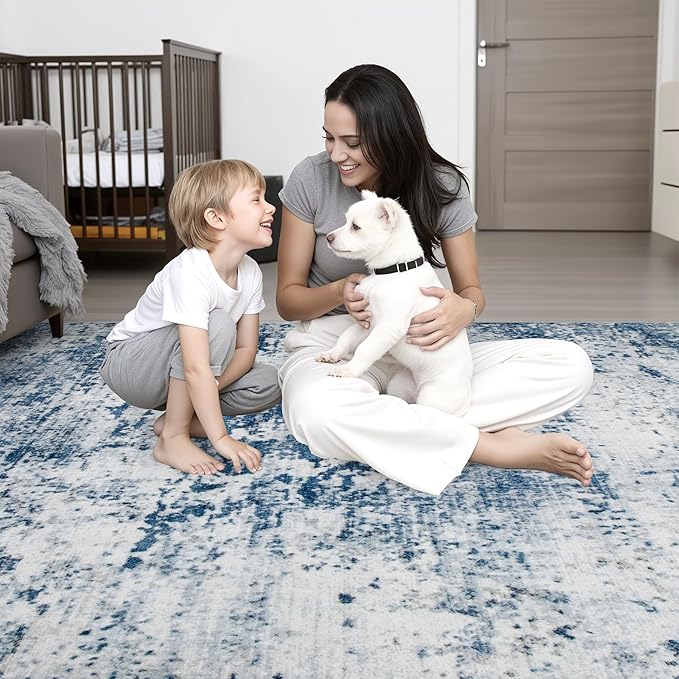 10x14 Area Rug Living Room: Modern Washable Indoor Soft Carpet Blue | - Image 8