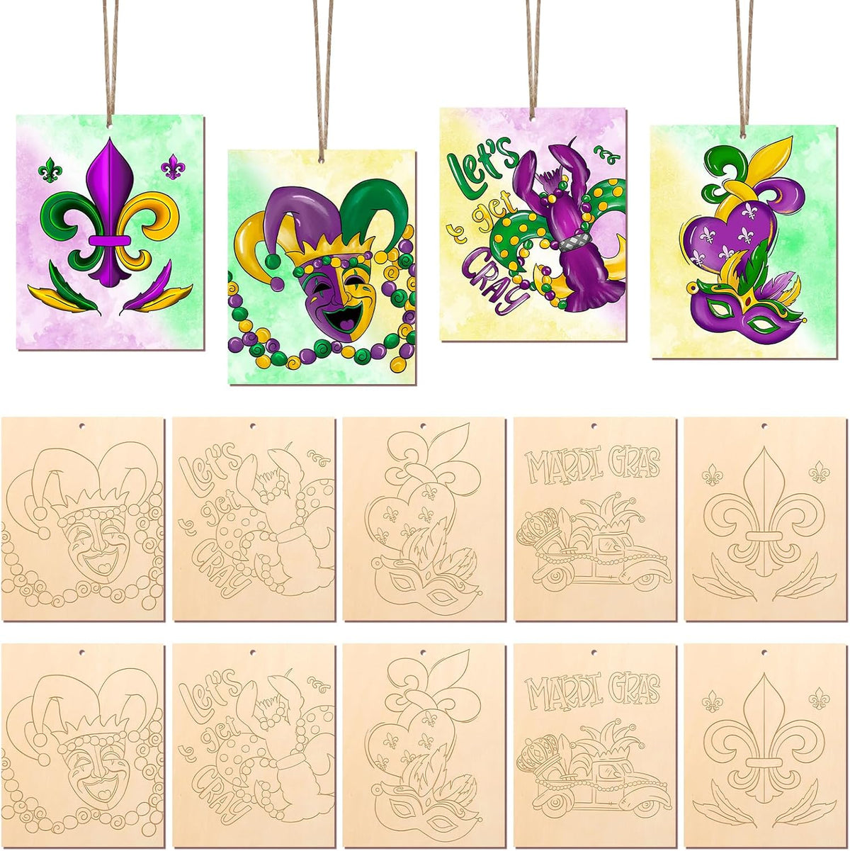 COCHIE 10 Pieces Large Mardi Gras Unfinished Wood Crafts to Paint for Adults and Kids, Bulk Predrilled Wooden Ornaments for Painting, Butterflies Paintable Wood Slices Craft Supplies with Ropes