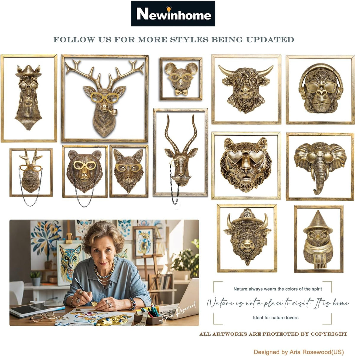 Animal Heads Wall Decor (Includes Metal Frame) Resin Animals Sculptures Head Wall Hanging Decoration Gold vintage Wall Sculpture for Living Room Bedroom Office (American Bison)