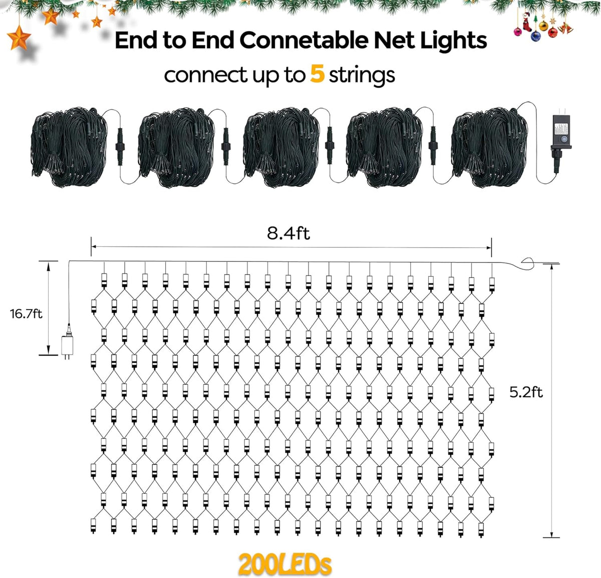 WBao Christmas Lights Outdoor, 200LED 8.4ft x 5.2ft Christmas Net Lights with 8 Modes, Timer, End to End Connectable, Waterproof LED Net Lights for Lawn, Bushes, Trees Xmas Decorations, Warm White