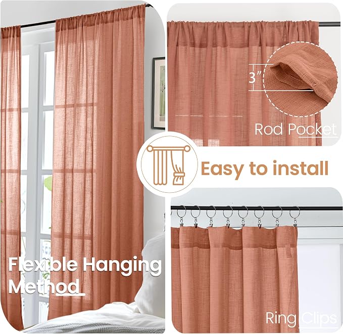 BGment Rust Terracotta Linen Curtains 63 Inches Long - Image 6