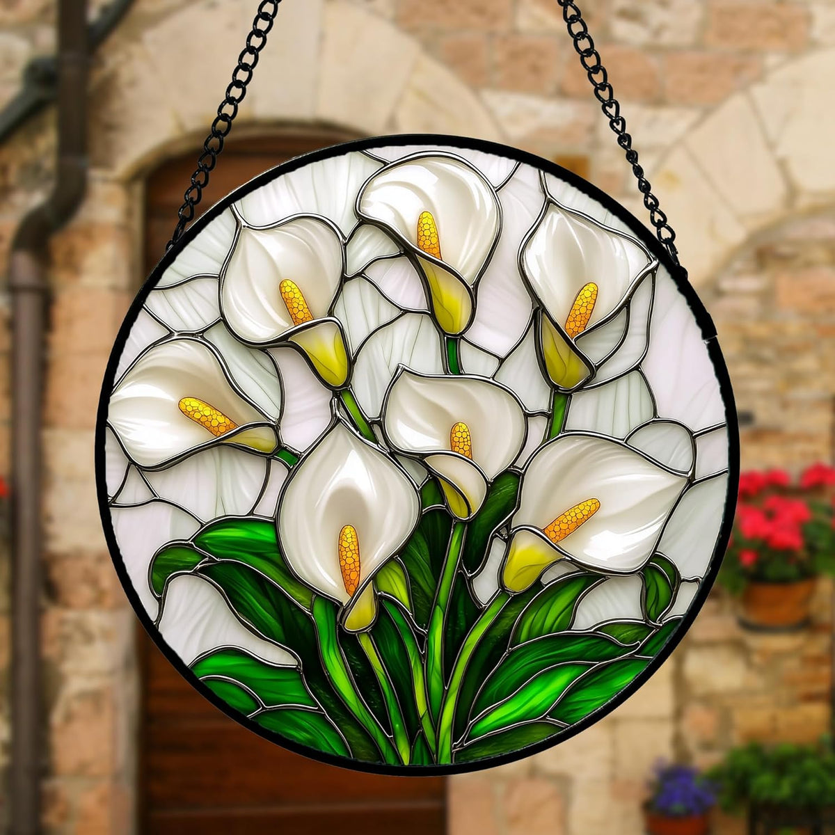 Stained Glass Window Hanging, White Calla Lily Suncatcher Diamond Glass Panel Hangings Flowers Sun Catchers Decor for Birthday for Women, Men, Wife, Aunt, and Mom 6.3 in