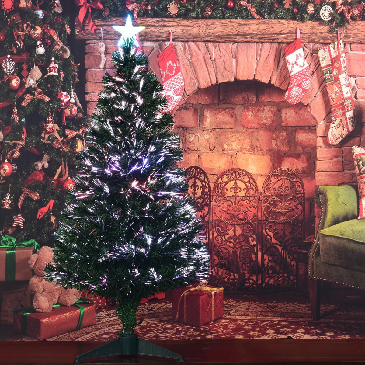 4FT Fiber Optic Green Christmas Tree Artificial Tree with Stand,Pre-lit Full Xmas Tree with Top Star Perfect for Indoor Holiday Decoration