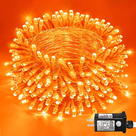 600 LED Orange Lights for Halloween, 197 FT Halloween Lights Indoor Outdoor Clear Wire with 8 Modes, Plug in Waterproof Orange String Light for Christmas Tree Party Thanksgiving Decorations