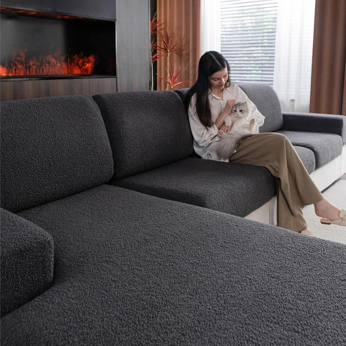 Couch Cushion Covers for Sectional Sofa, Stretch Soft Sofa Slipcovers Washable Wear-Resistant Universal Furniture Protector for Living Room(1 Piece Large Cover, Dark Gray)
