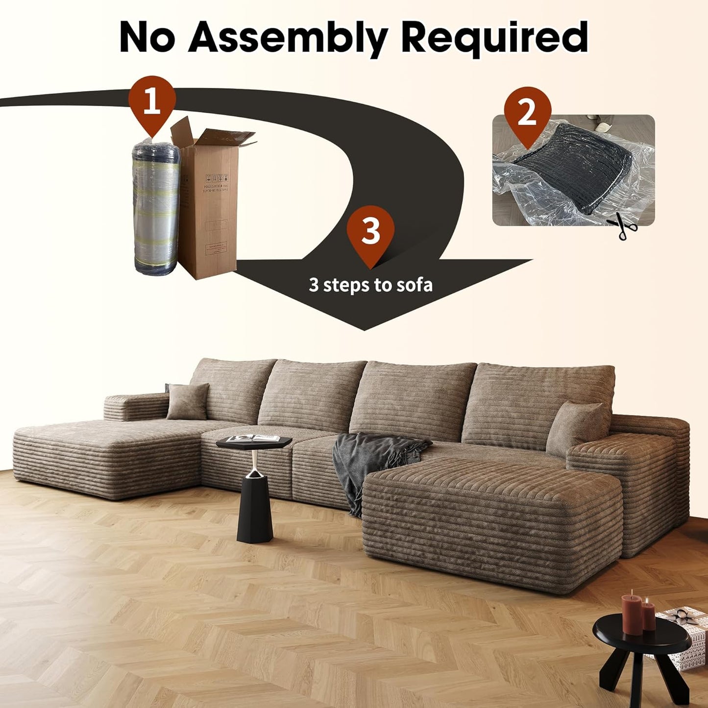 136" Sectional Couches for Living Room Modern Modular Sofa with L-Shape Couchs Upholstered Boneless Couch Deep Seat Sectional Couch with Chaise (Camel, Left Facing Chaise+3Seaters+Ottoman)