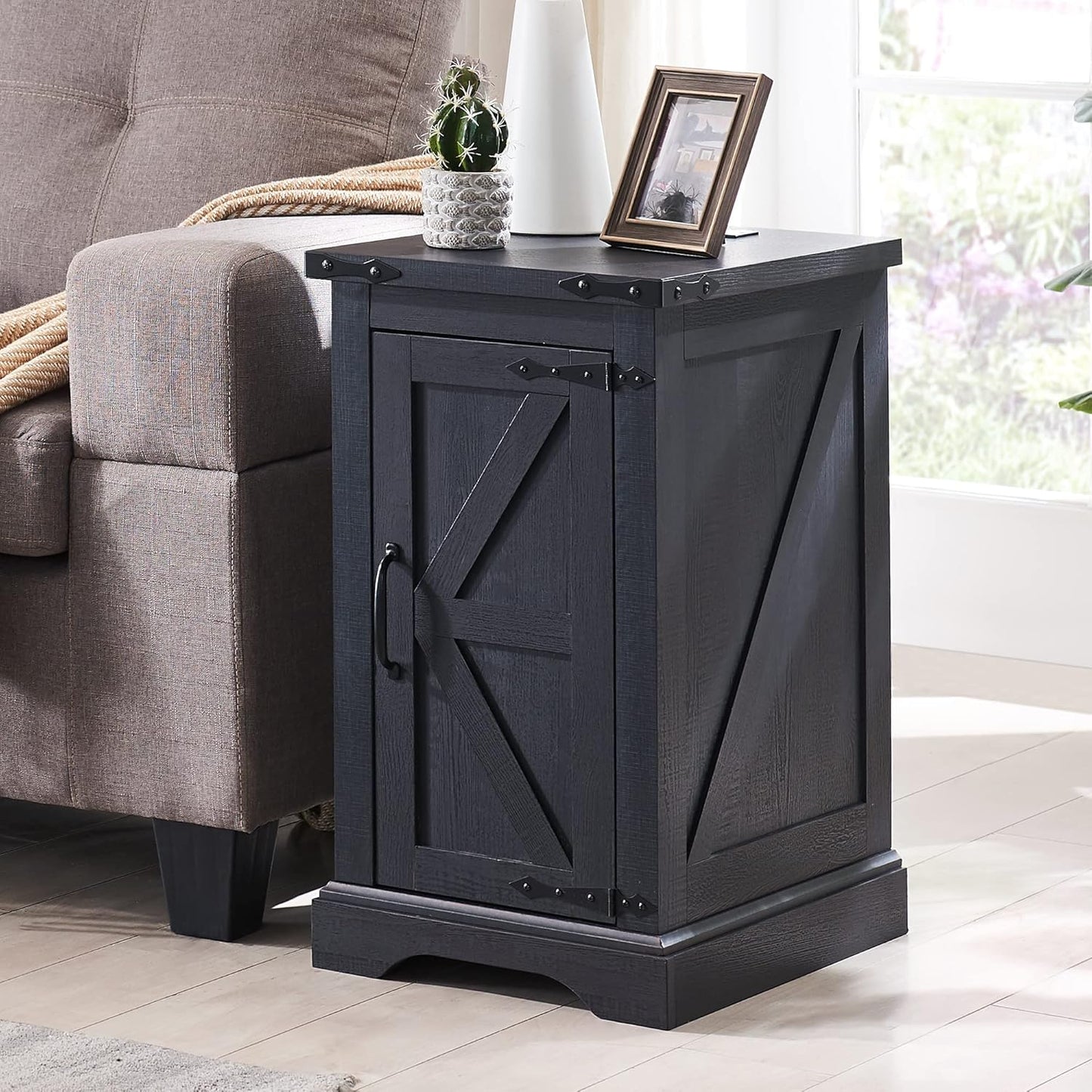 JXQTLINGMU Nightstand with Charging Station, Rectangular Farmhouse End Table with Barn Door and Adjustable Storage Shelf, 17" Deep Wood Rustic Sofa Side Table for Living Room, Bedroom, Black
