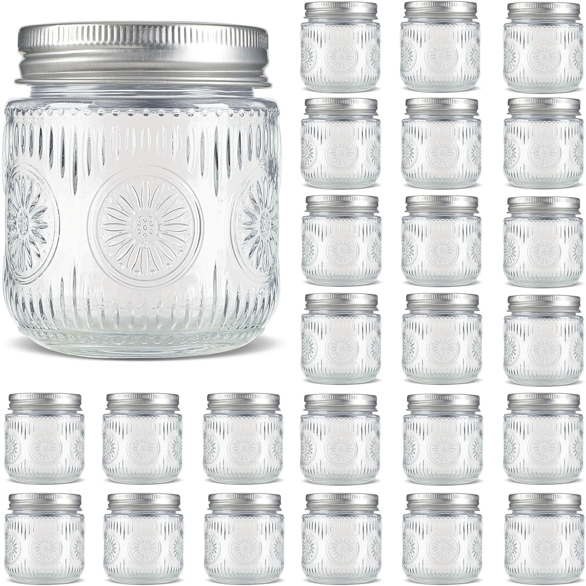 Mason Jars 8 oz - Vintage Small Glass Mason Jars with Silver Metal Lids, Regular Mouth Canning Jars, Safe For Storage, Canning, Pickling, Preserving, Fermenting, DIY Crafts & Decor (24Pack)