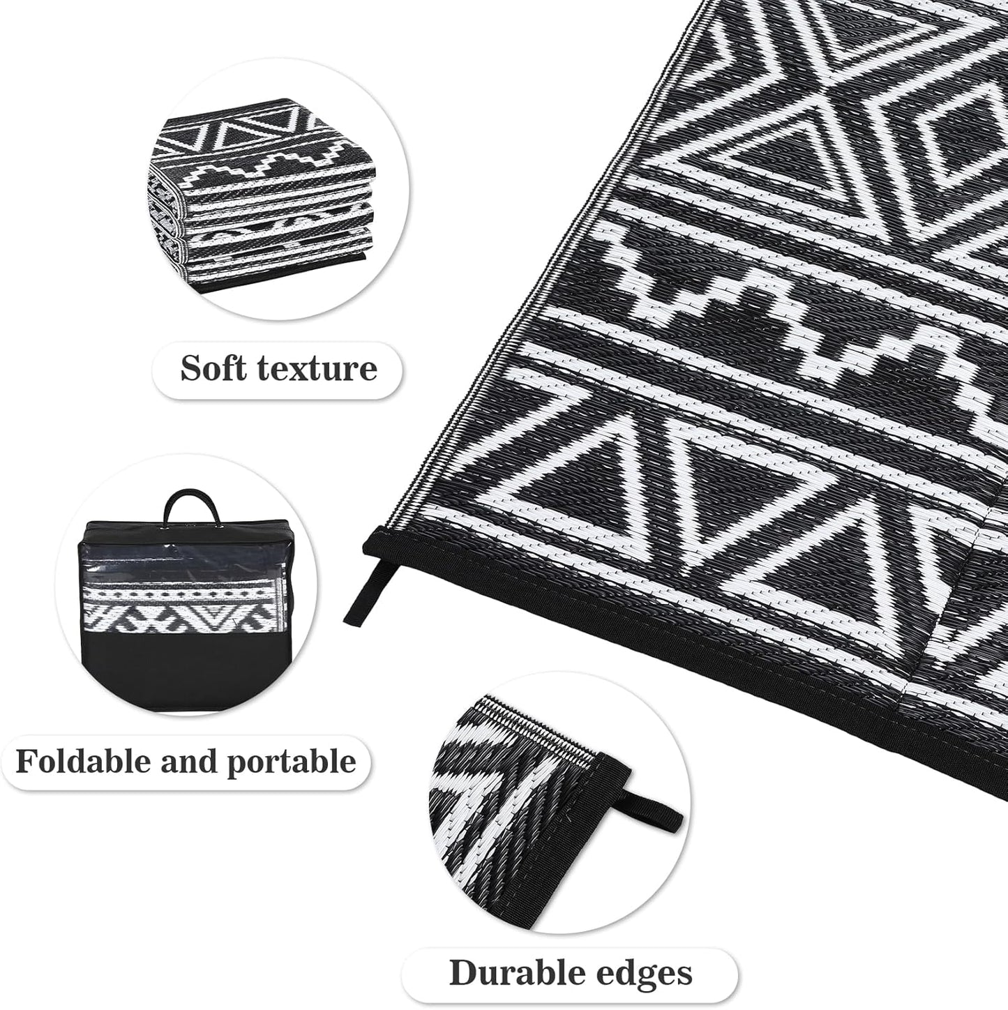 GAOMON Outdoor Plastic Straw Rug, 10'x14' Reversible Sage Green Patio Mat, Flower Modern Design for RV, Backyard, Deck, Camping, Picnic, Black/White(Bohemia)