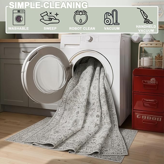 Grey Entryway Area Rug 2x3 for Bedroom Kitchen | Ultra-Thin; Boho Style; Low - Image 3