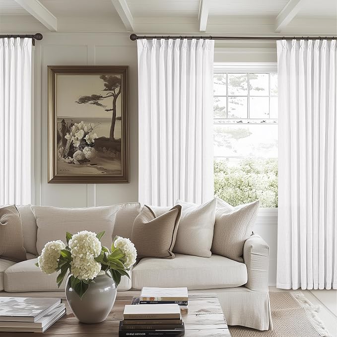 White Pinch Pleated Extra Wide Linen Curtains W60xL84 Inches Long | Linen Blend - Image 8