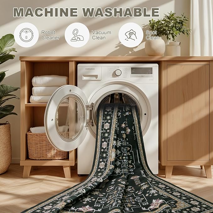 Round Area Rug for Living Room: 6ft Washable Rug for Bedroom Black | Vintage - Image 7