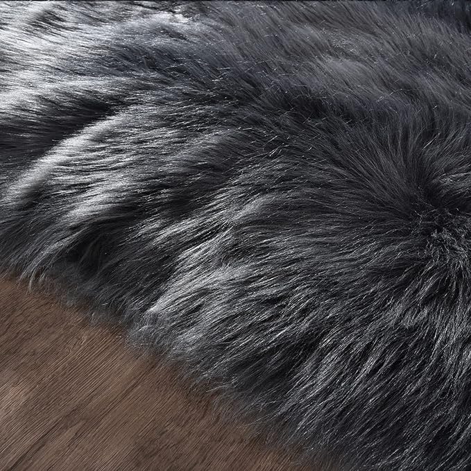 Latepis Dark Grey Round Rugs 4ft Circle Faux Fur Rug Washable Fluffy Furry Boho - Image 6