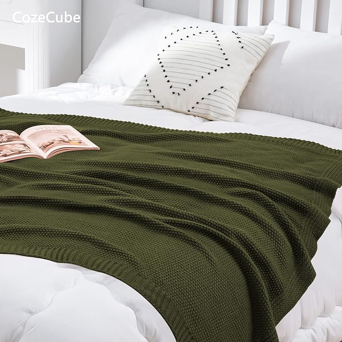CozeCube Olive Green Seed Stitch Throw Blanket 60"x80", Farmhouse Decor | - Image 2