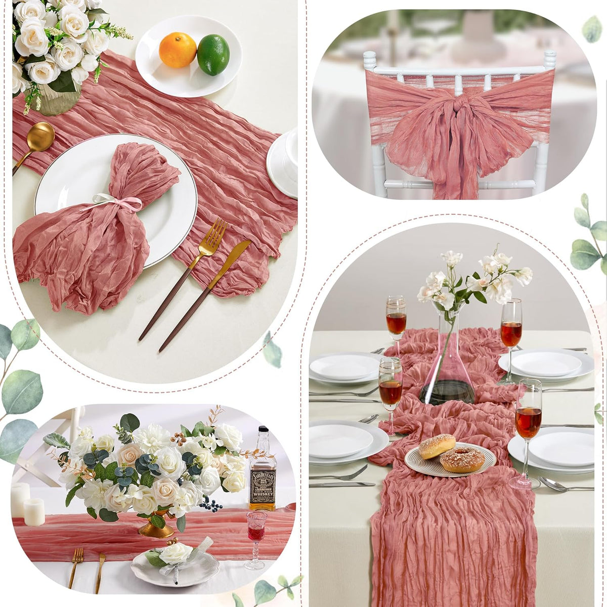 Cheesecloth Table Runner 10FT Long Boho Gauze Table Runner Rustic Sheer Runner for Wedding Bridal Baby Shower Birthday Party Table Decor Thanksgiving Christmas Decorations (12pcs, Rose)