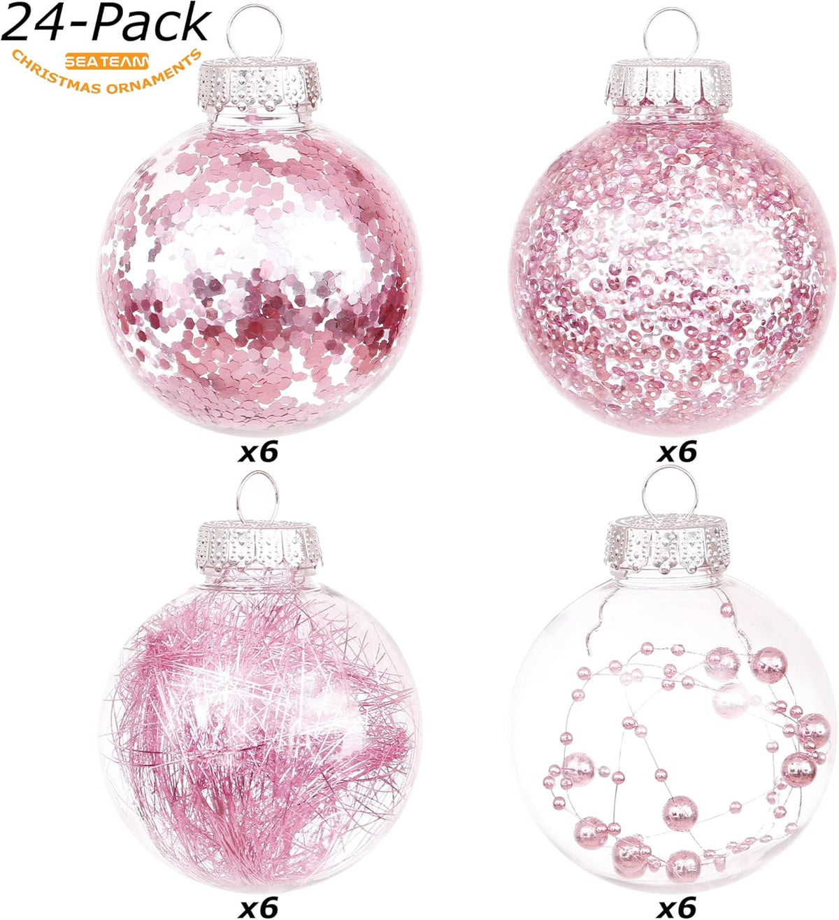 Sea Team Shatterproof Clear Plastic Christmas Ball Ornaments Decorative Xmas Balls Baubles Set with Stuffed Delicate Decorations (70mm/2.76 inch 24-Pack, Pink)