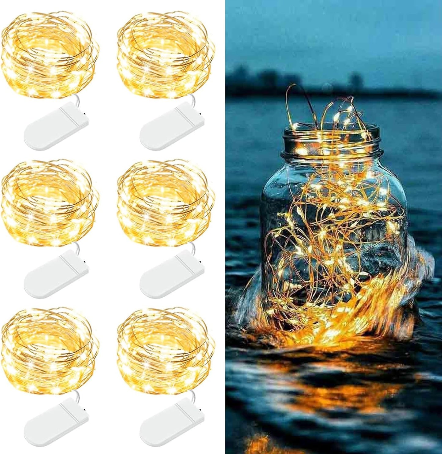 6 Pack Fairy Lights Battery Operated - 7ft 20 LED Twinkle Lights Copper Wire Mini String Lights Firefly Lights for Mason Jars DIY Crafts Christmas Wedding Party Centerpiece Table Decor, Warm White
