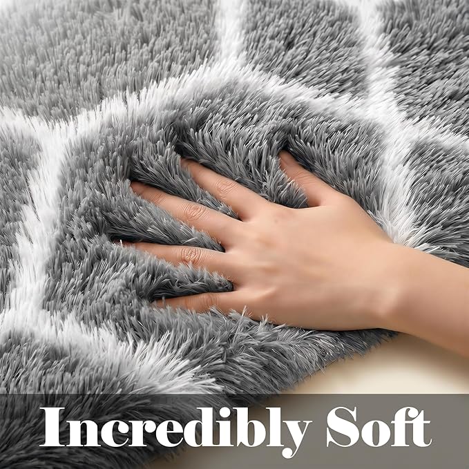 5x7 Area Rugs for Living Room Bedroom, Fluffy Grey and White Geometric Rug | - Image 2
