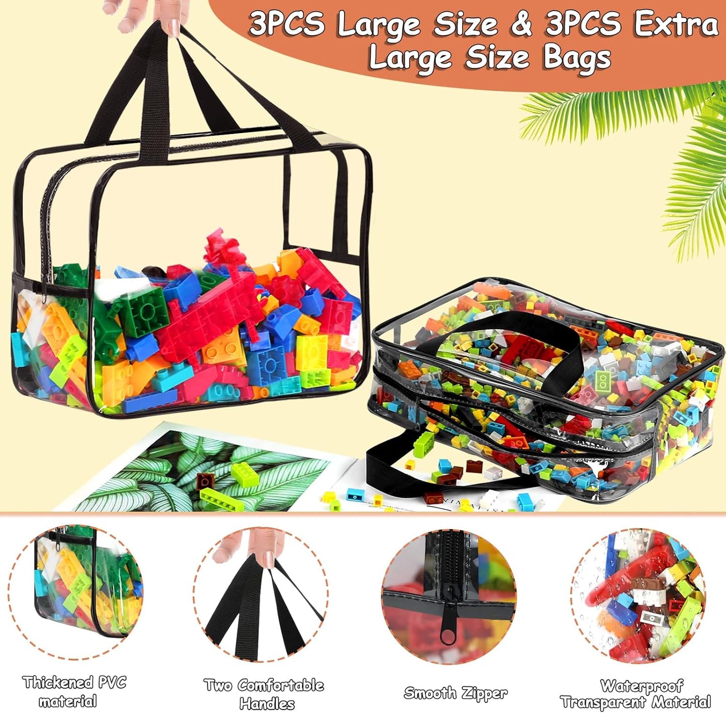 6 Packs Large Toy Storage Bags with Labels, Reusable Clear PVC Board Game Storage, Travel Waterproof Organizer Bags with Zipper for Building Blocks, Puzzle, Kids Books(3 large & 3 Extra Large)