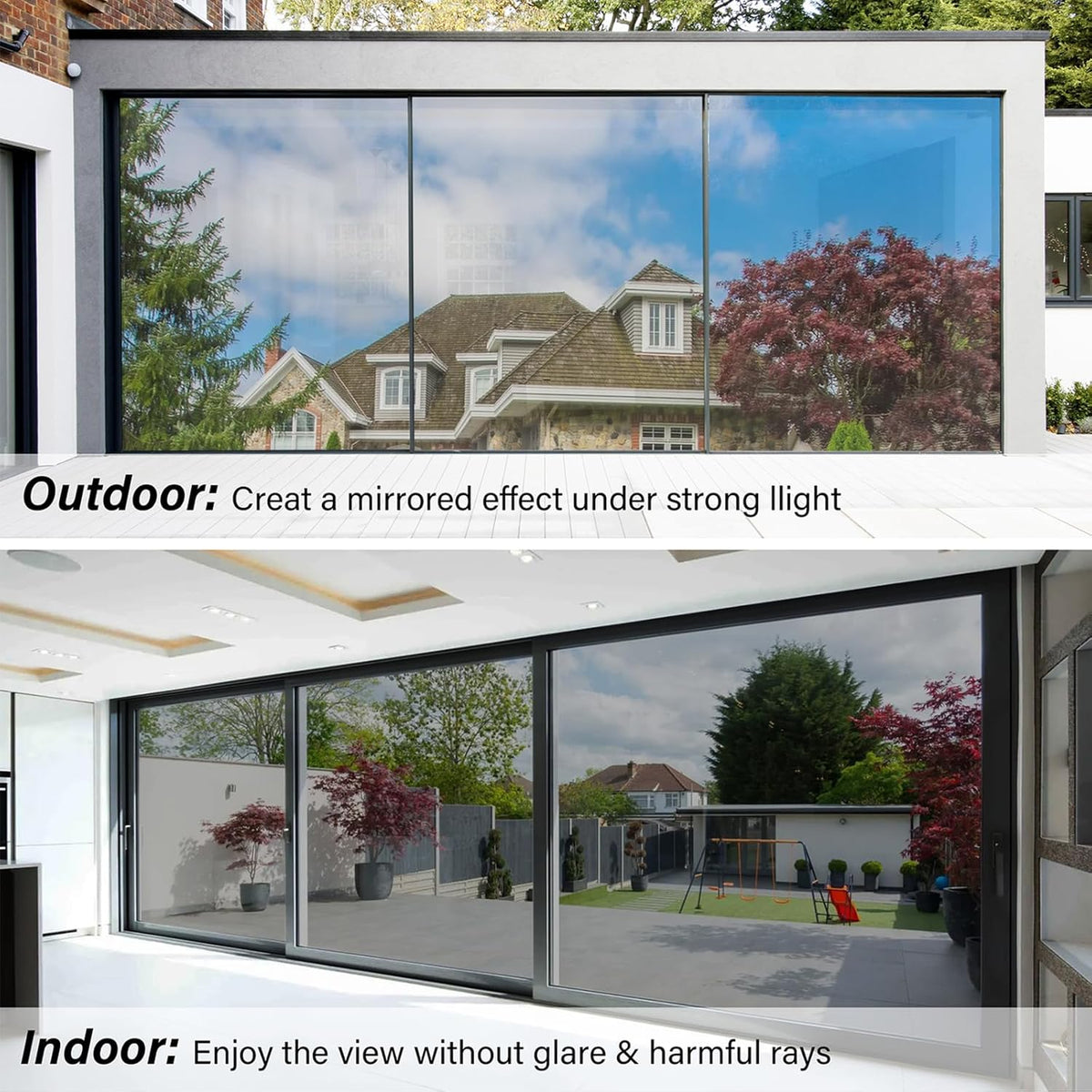 Kromapolis One Way Window Privacy Film Reflective Mirror Home Window Tint, Daytime Privacy Heat Control Anti UV Glass Tinting Static Cling (Silver, 45.2 x 236.2 inch)