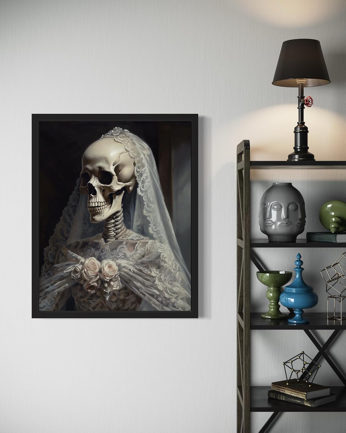 Skull Gown Poster Art Print, Halloween Scary Vintage Wall Art Academia Spooky Painting Decoration for Horror Prints, Gothic Posters Bedroom Decor 89 (Skull Gown, 11 x 14 inches, Black Frame)