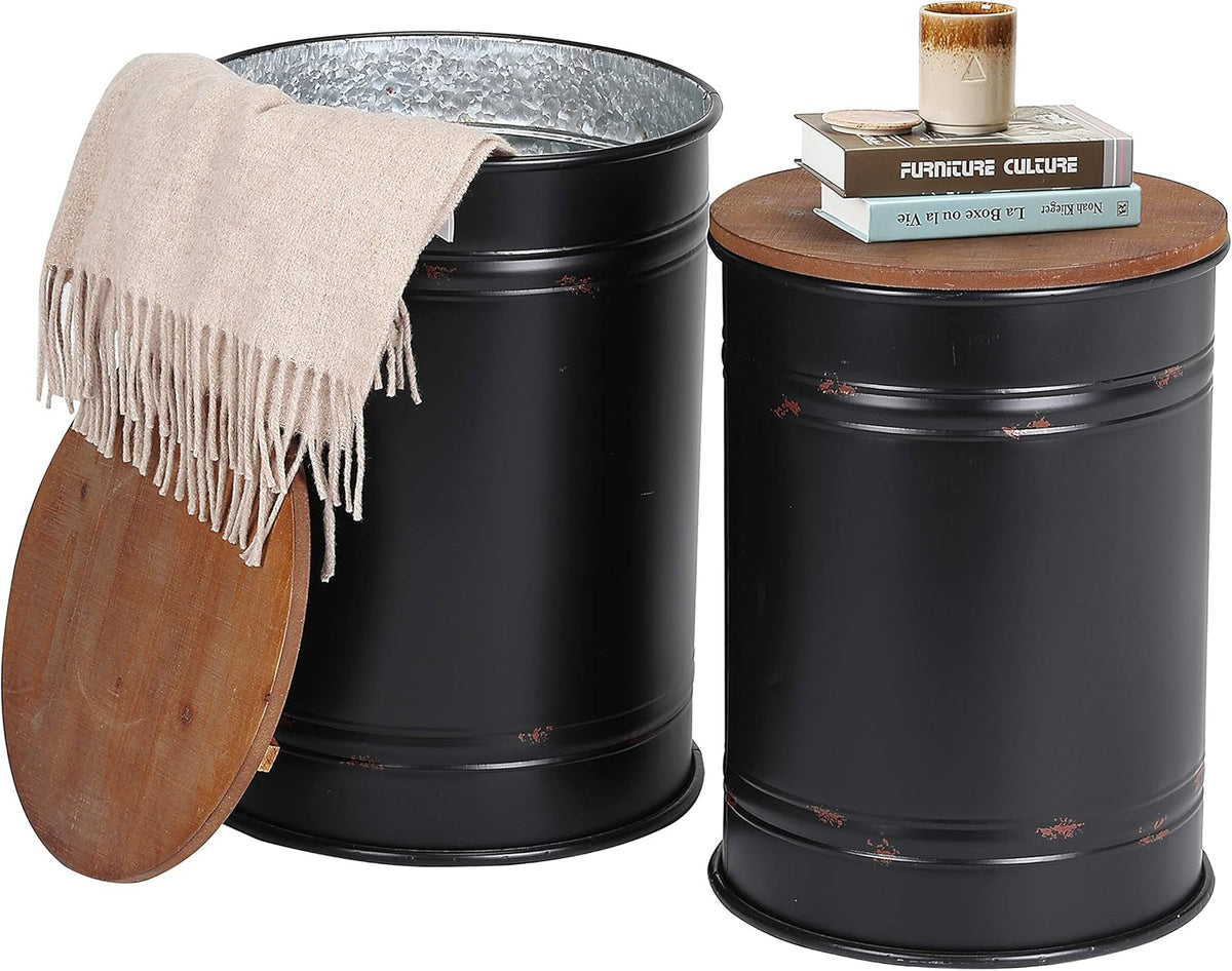 Rustic Storage Ottoman Seat Stool, Farmhouse Accent Side Table, Antique Galvanized Metal End Table Box Bin with Round Wooden Lid Set of 2 (Black)