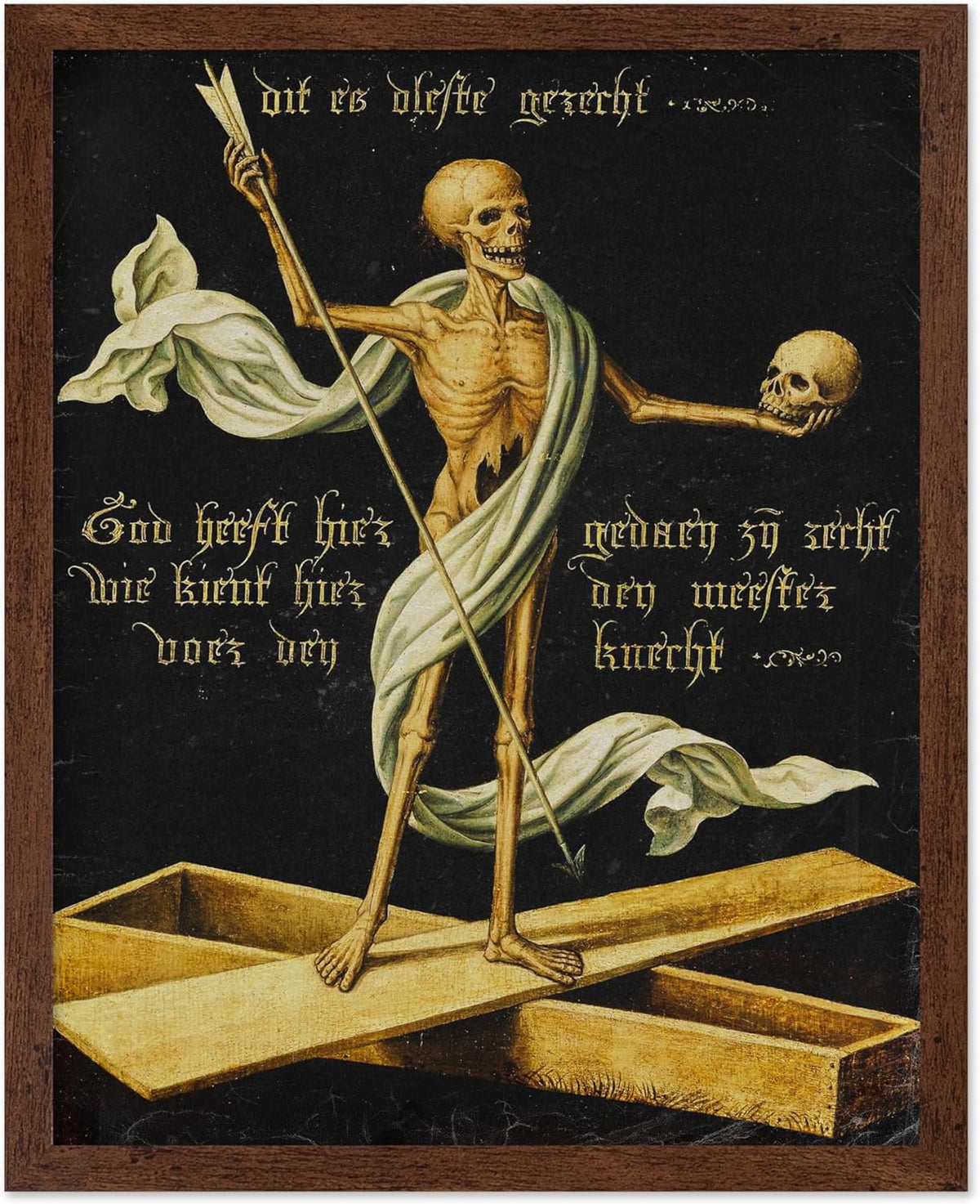 Poster Master Vintage Medieval Poster - Retro Gothic Print - Gift for Artist, Friend - Allegory of Life and Death, Skeleton, Dark, Skull - Wall Decor for Home, Living Room, 16x20 Brown Framed