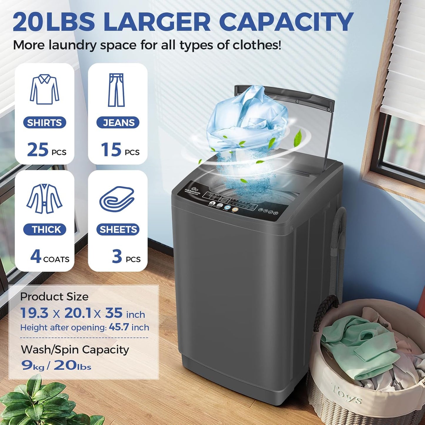 Nictemaw Portable Washing Machine 20Lbs Portable Washer with Drain Pump, 2.8 Cu.ft Compact Washer Machine with 10 Programs 8 Water Levels Compact Laundry Machine for Apartment, Home, Dorms, Rv