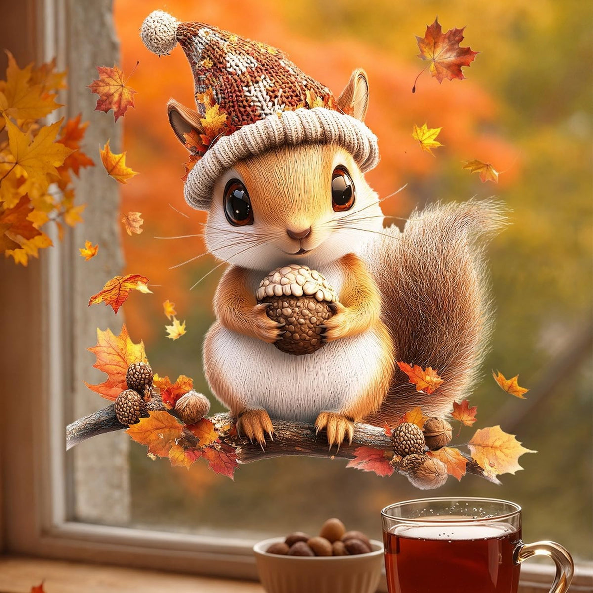 Fall Window Clings for Glass Thanksgiving Static Cling Window Decals 1PCS Cute Squirrel Maple Leaves Autumn Reusable Window Stickers Home School Office Decorations