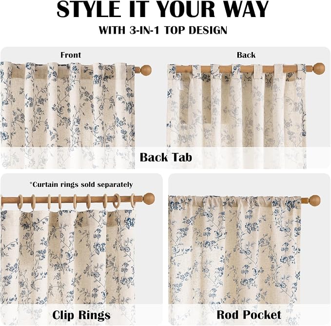 Blue Vintage Floral Linen Curtains Farmhouse 38W X 90L 2 Panels | Elisa Series - Image 5
