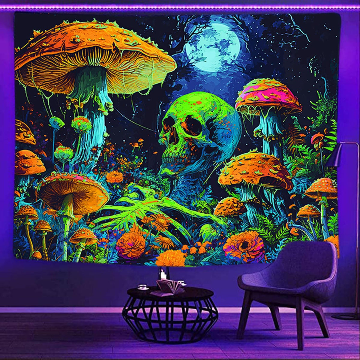 Xiaoput Blacklight Skull Tapestry, Black Light Skeleton Tapestry for Bedroom, UV Reactive Neon Gothic Tapestry for Men, Glow in Dark Trippy Forest Tapestry Wall Hanging for Home Decor,70X60IN