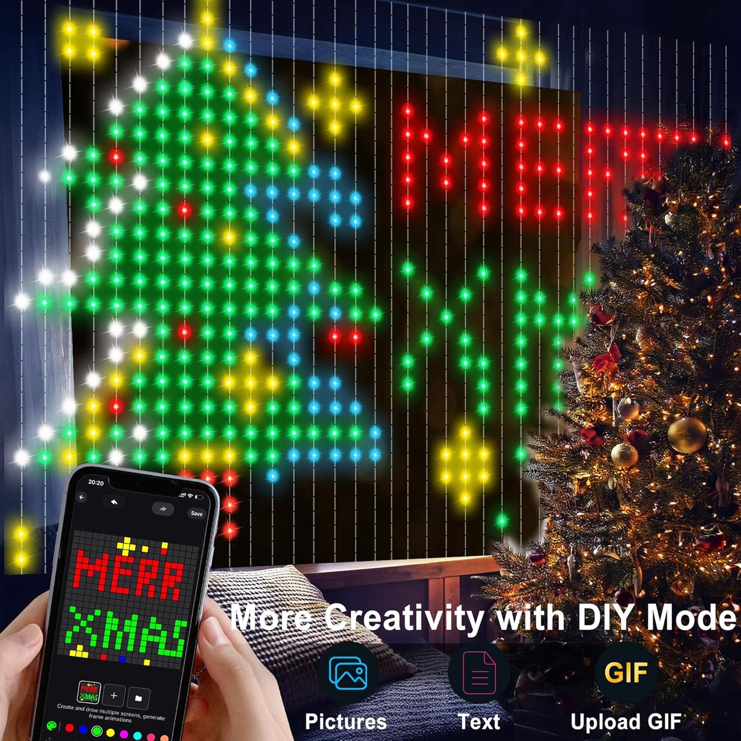 Smart Curtain Lights 400 LED, Color Changing Curtain Lights 6.6ft*6.6ft with APP&Remote,Dynamic DIY Fairy String Light for Bedroom Living Room Backdrop LED American Flag Light Decor