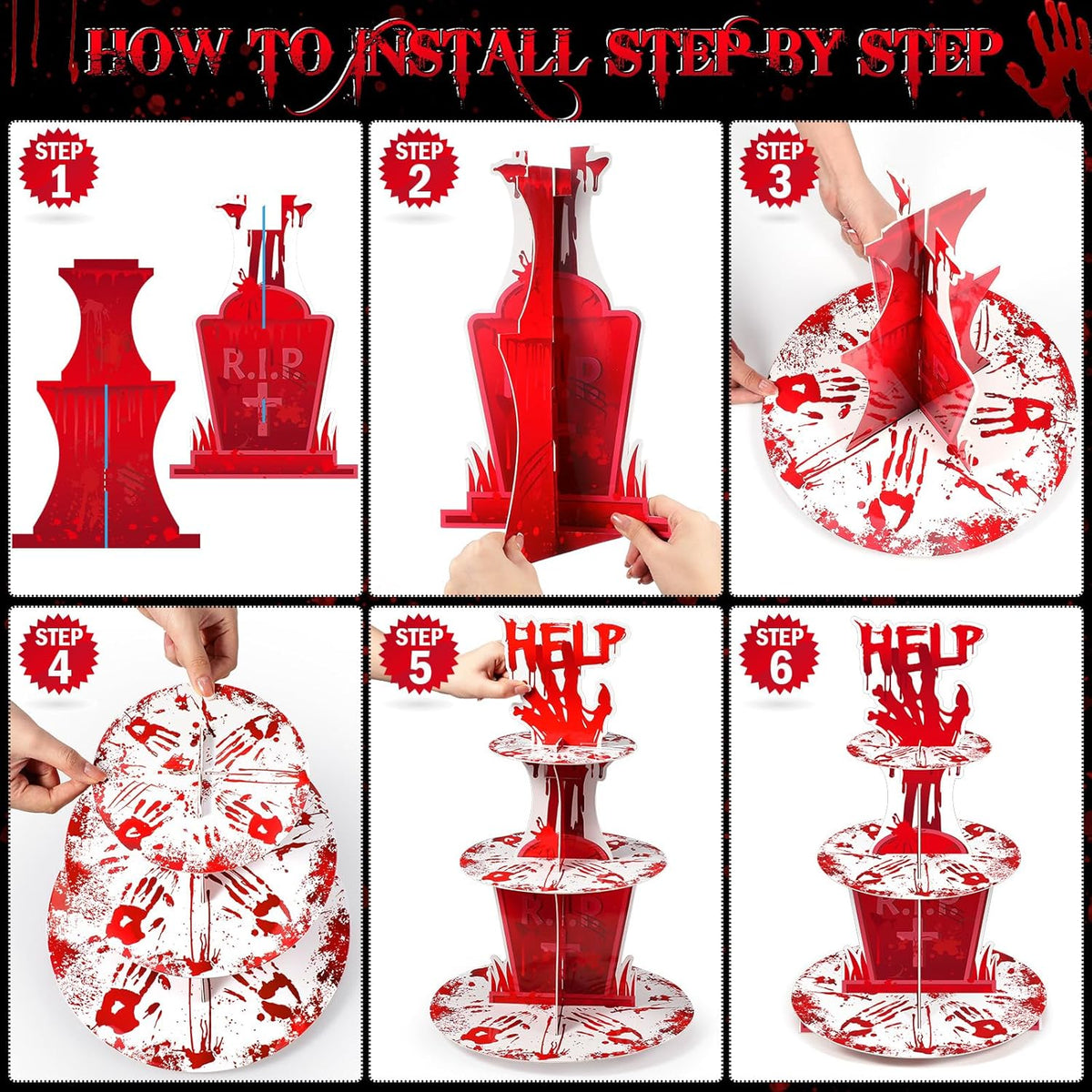 Sliner 3 Tier Halloween Bloody Cupcake Stand Party Decorations Bloodys Handprint Cupcake Holder Halloweens Bloodys Help Cake Holder Bloody Theme Dessert Stand for Horror Scary Party Supplies