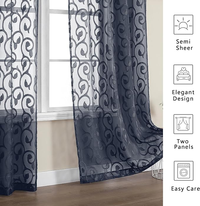 Curtain, Furman Navy Blue, 24 Inch Length, 2 Panels Set, Light Filtering - Image 6