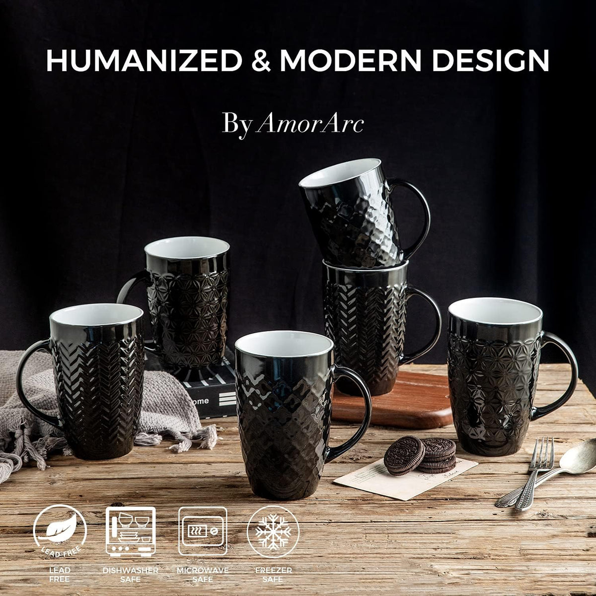 AmorArc Large Coffee Mugs Set of 6, 20oz Ceramic Tall Coffee Mugs Set with Textured Geometric Patterns for Latte/Tea/Beer/Hot Cocoa, Dishwasher & Microwave Safe, Black