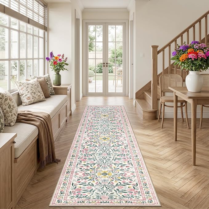 PLHXFR 2.6x10 Washable Runner Rug：Floral Indoor Kitchen Carpet Pink Green | - Image 3