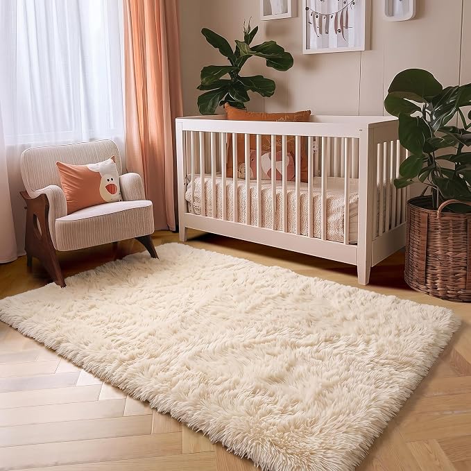 Amdrebio Beige Boho Fluffy Shag Neutral Area Rug 5x7 - Image 8