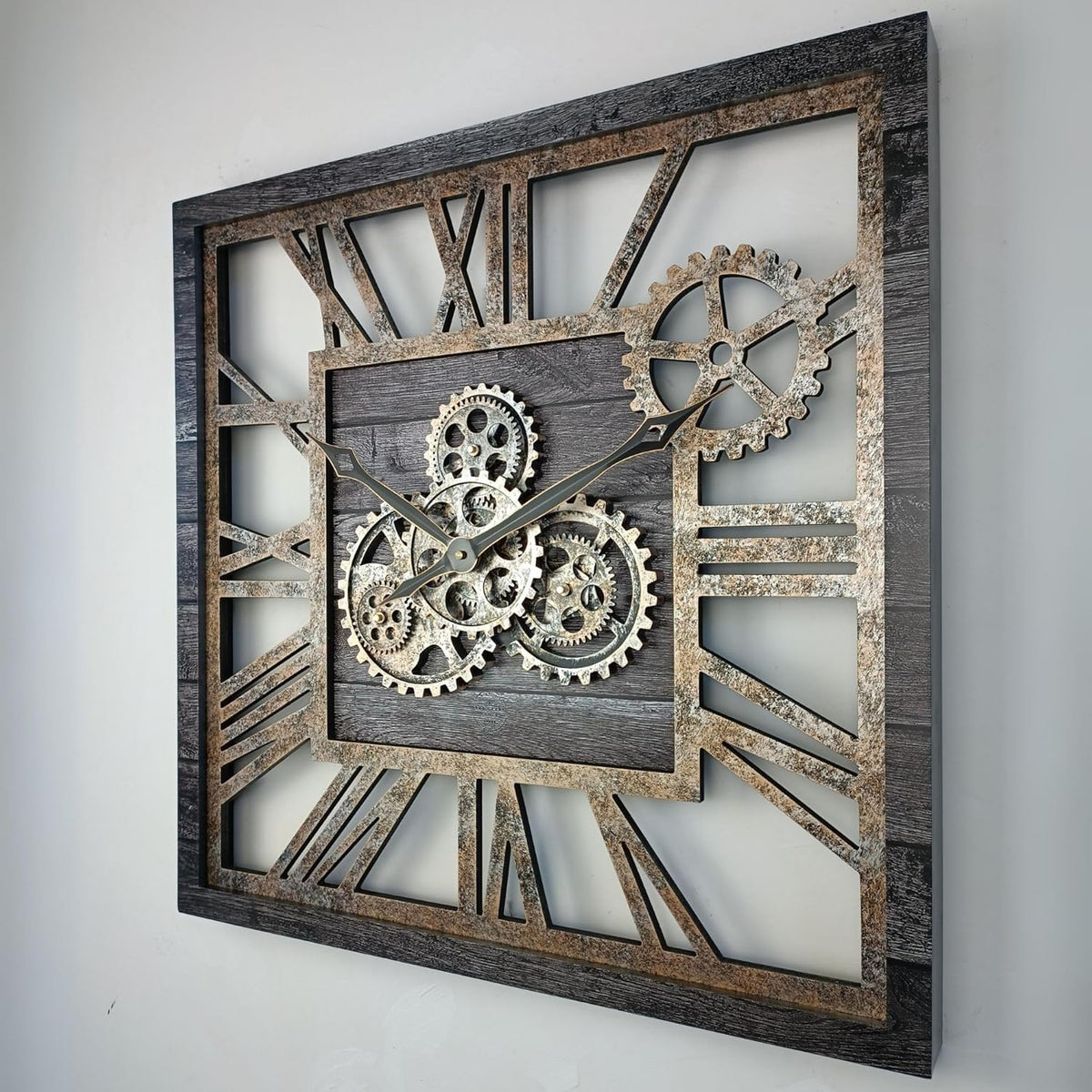 The Gears Clock 24'' Inch Square Real Moving Gear Wall Clock Vintage Industrial Oversized Rustic Farmhouse (Carbon Grey)