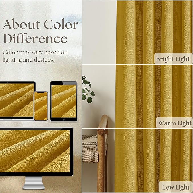 Mustard Yellow 90 Inch Thick Linen Curtains Pinch Pleated 2 Panels Set | - Image 4