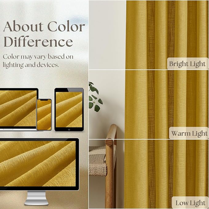 Pinch Pleated Mustard Yellow Linen Curtains 84 Inches Long 2 Panels Set | - Image 4